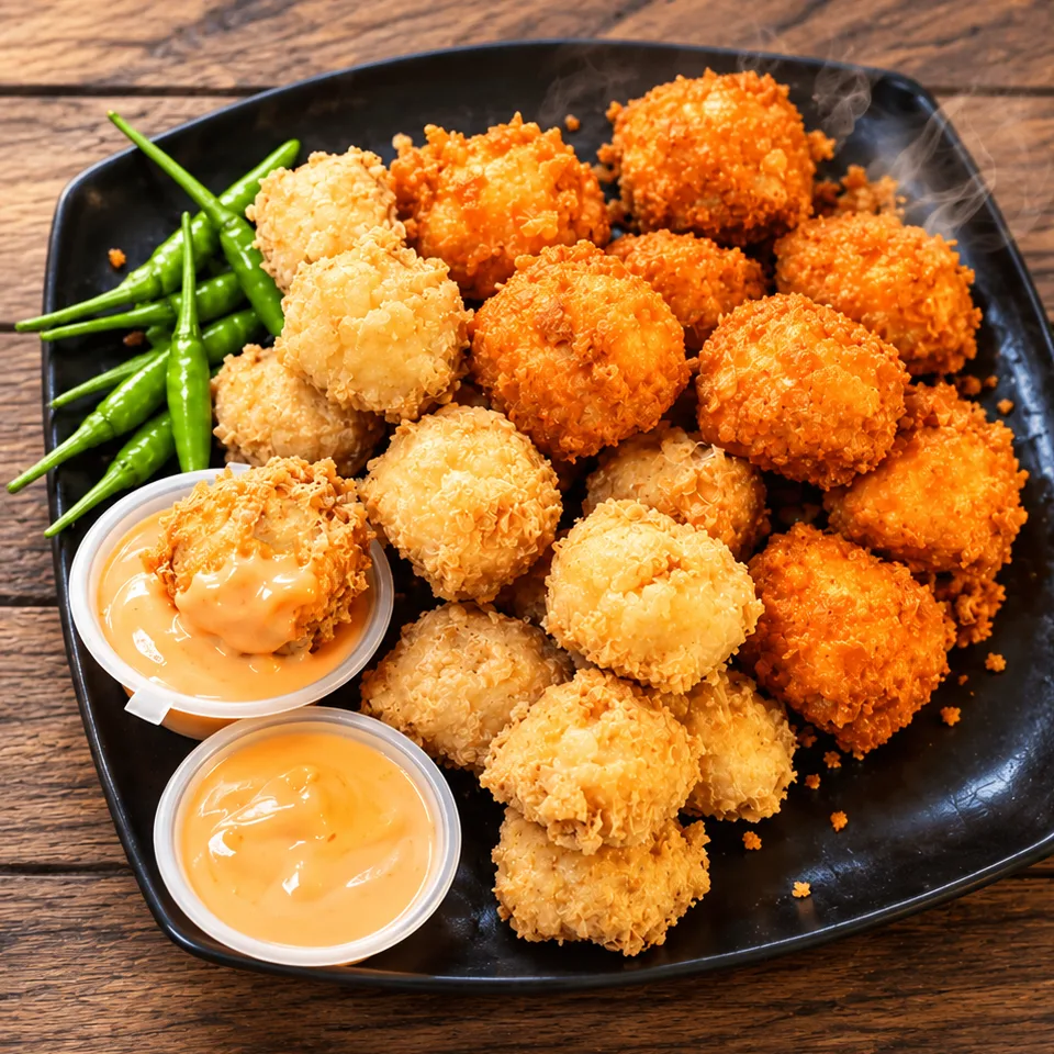 Sepiring tahu crispy keemasan Sii Tahu dengan cabai rawit dan dua cup Spicy Mayo, satu tahu dicocol ke saus