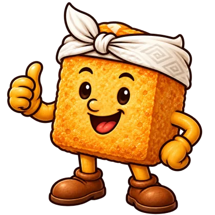 Maskot Sii Tahu, tahu crispy berikat kepala yang mengacungkan jempol